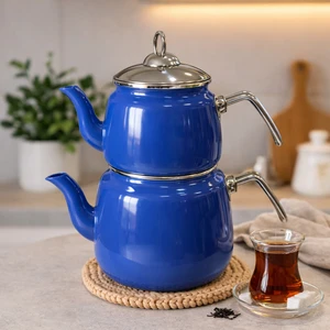 Net Çelik  Emaye Çaydanlık Seti Saks Mavisi