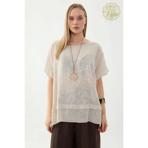 %100 Keten Çiçekli Oversize Bluz