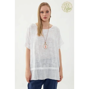 %100 Keten Çiçekli Oversize Bluz