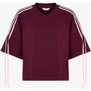 Bordo Kurdele Detaylı V Yaka Oversize Üst