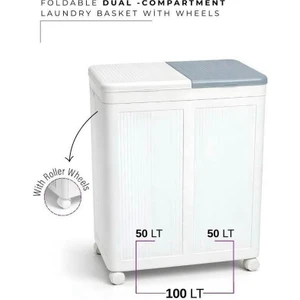 100 Litre Dev Kapasiteli, Tekerlekli ve Katlanabilir Çift Bölmeli Çamaşır Sepeti