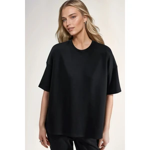 Kadınlar Oversize Bisiklet Yaka Modal Touch Örme Tişört Siyah
