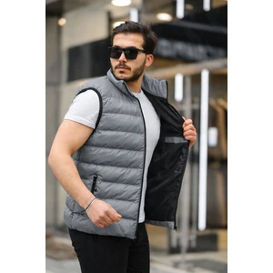 Erkek Kolsuz Fermuarlı Cepli Basic Füme Şişme Yelek