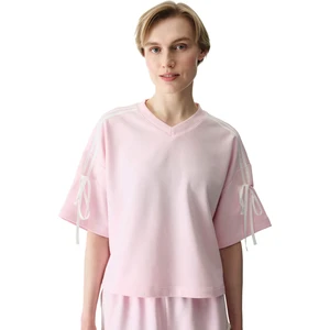 Açık Pembe Kurdele Detaylı V Yaka Oversize Üst