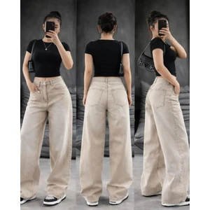 Kadın Bej Retro Baggy Jean Pantolon