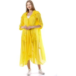 Sarı Kadın Cadı Kapüşonlu Bohem Kaftan