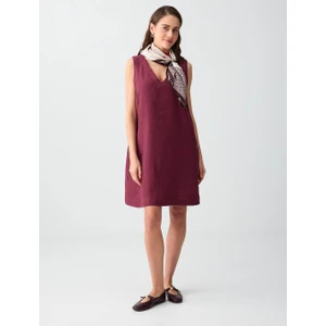Jimmy Key Bordo %100 Keten V Yaka Kolsuz Basic Mini Elbise