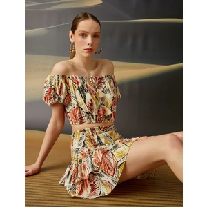 Crop Bluz Desenli Omuz Açık