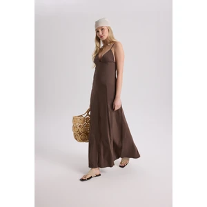 Onella Askılı Kahve Uzun Elbise