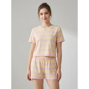 Pembe Sarı Çizgili T-Shirt Şort Örme Şortlu Takım