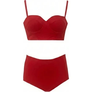 Kırmızı Yüksek Bel Bikini Alt Üst Takım