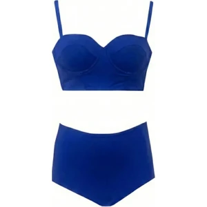 Saks Mavisi Yüksek Bel Bikini Alt Üst Takım