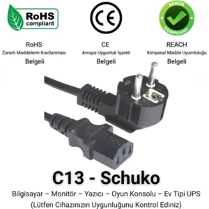 C13 - Schuko Güç Kablosu 3 x 1,5mm 1 Metre