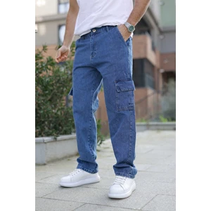 Erkek Bol Paça Kargo Cep Basic Mavi Baggy Pantolon