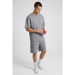 Gri Melanj Oversize Fit Basic Erkek Şort Takım - 85292