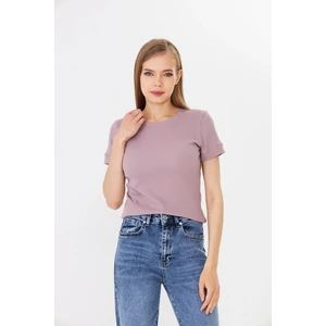 Kadın Mor Kısa Kollu Fitilli Basic Bisiklet Yaka Tişört - H6037