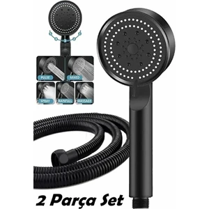 Duş Başlığı Seti 2 Parça Siyah | 5 Fonksiyonlu Basınçlı El Duşu + Hortum