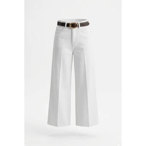 Premium Kemerli Flare Jean- Beyaz