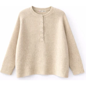 7004 Kadın Düğmeli Basic Triko Kazak Bej