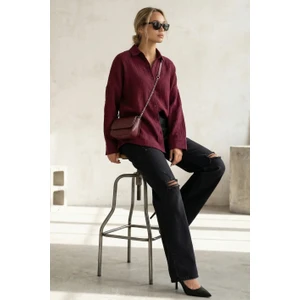 Bordo Muslin Kumaş Basic Kadın Gömlek MG1660