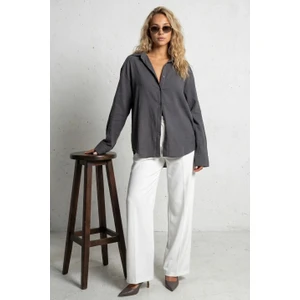 Antrasit Muslin Kumaş Basic Kadın Gömlek MG1660