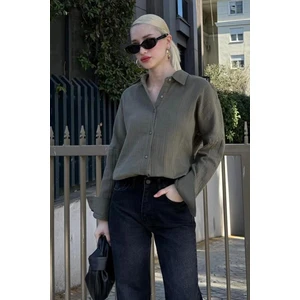 Haki Muslin Kumaş Basic Kadın Gömlek MG1660