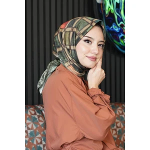 Geometrik Desen Yeşil Soft Pamuk Eşarp - Taba