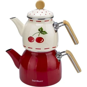 Unique - Bambu Kulplu Emaye Çaydanlık Takımı Cherry