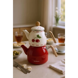 Unique - Bambu Kulplu Emaye Çaydanlık Takımı Cherry