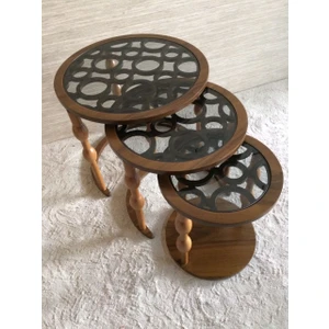 Zen Zigon Sehpa Ceviz MDF Yüzeyli 3 Adet Yuvarlak Tasarım 50 cm Derinlik 54 cm Yükseklik