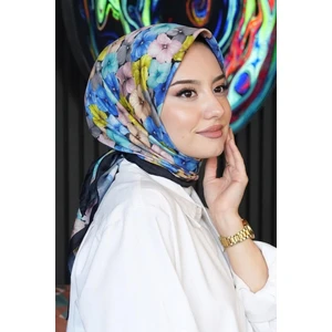 Ortanca Çiçek Desen Saks Soft Pamuk Eşarp