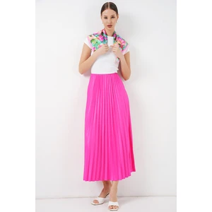 8009 Deri Görünümlü Piliseli Etek - Fuşya