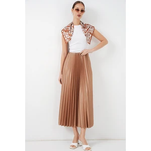 8009 Deri Görünümlü Piliseli Etek - Camel