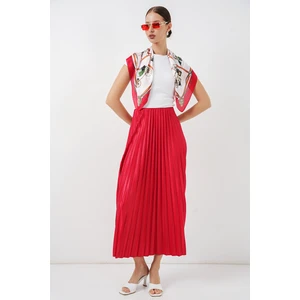 8009 Deri Görünümlü Piliseli Etek - Kırmızı