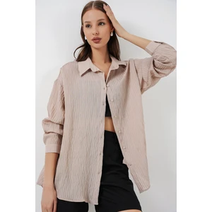Kadın Uzun Oversize Gömlek 20320 - Bej
