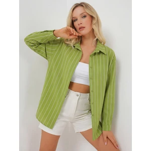 Kadın Çizgili Oversize Gömlek 20293 - E.yeşil