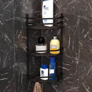 Üç Katlı Kancalı Banyo Köşe Rafı Siyah Mat Malzeme ile Şık ve Kullanışlı Düzenleyici