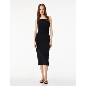 Slim Fit Kare Yaka Ip Askılı Bodycon Midi Drapeli Elbise