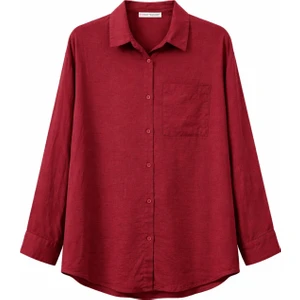 4670 Kadın Cepli Oversize Basic Keten Gömlek Bordo