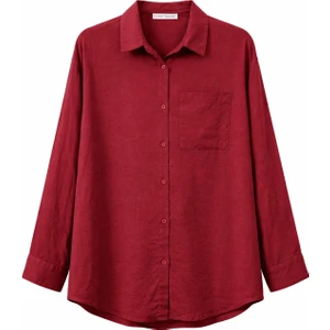4670 Kadın Cepli Oversize Basic Keten Gömlek Bordo