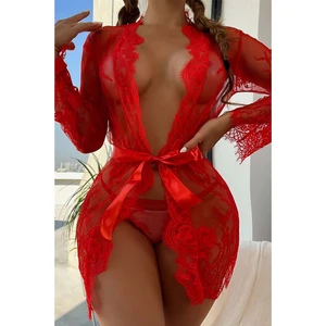 Merry See Kadın Kırmızı Dantel Gecelik Takım 90% Polyester %10 Elastan Şık Tasarım