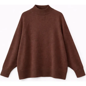 7003 Kadın Oversize Dik Yaka Basic Triko Kazak Kahve