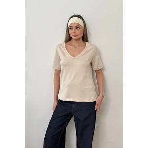 Kadın V Yaka Modal Kumaş Basic T-Shirt Bej - MS0001587