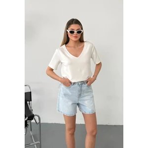 Kadın V Yaka Modal Kumaş Basic T-Shirt Beyaz - MS0001587