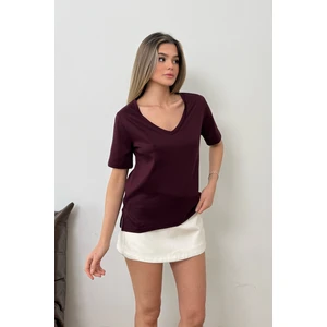 Kadın V Yaka Modal Kumaş Basic T-Shirt Mürdüm - MS0001587