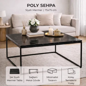 Pasific Home Poly Kare Metal Orta Sehpa, Siyah Mermer