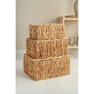 Philippa - 3 Lü Hasır Kapaklı Dikdörtgen Çok Amaçlı Sepet Seti