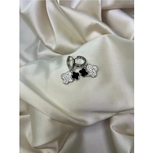 Çelik Silver Taşlı Siyah Clover Küpe