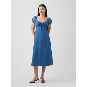 Kadın Mavi Print Puff Sleeve Midi Elbise