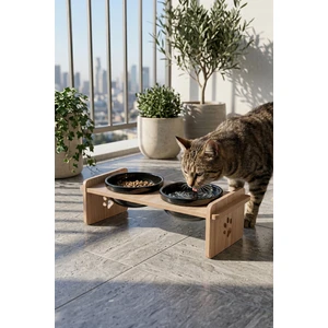 Ahşap Standlı Seramik Kaseli Kedi-Köpek Mama ve Su Kabı